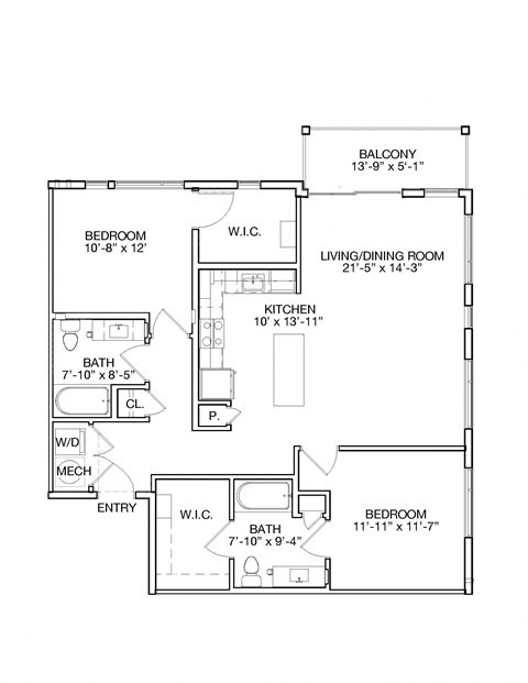 Floor plan for 2 beds, 2 baths, 1201 sqft